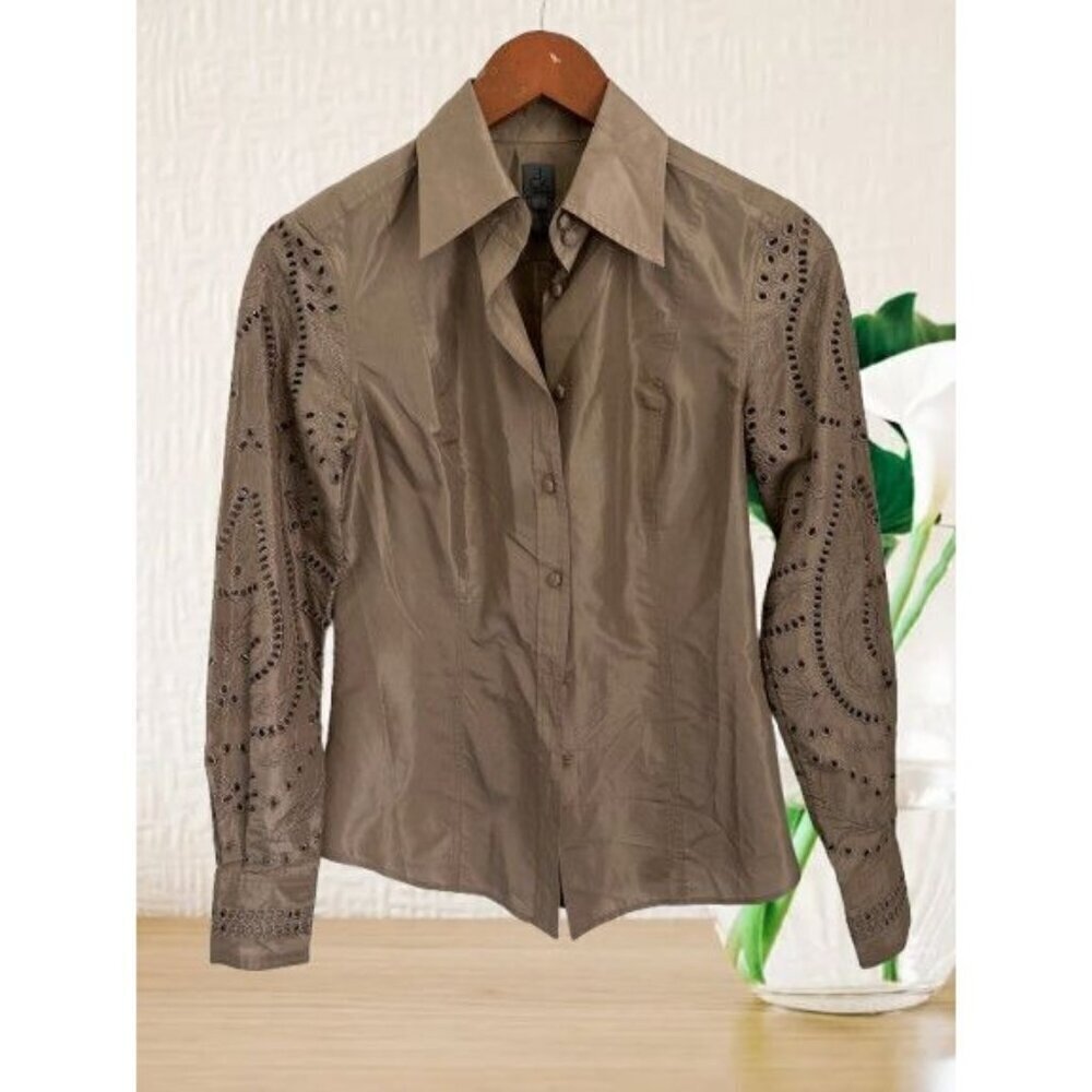 Y2K Calvin Klein Womens Silk Taupe Embroidered Button-Up Blouse Size 2